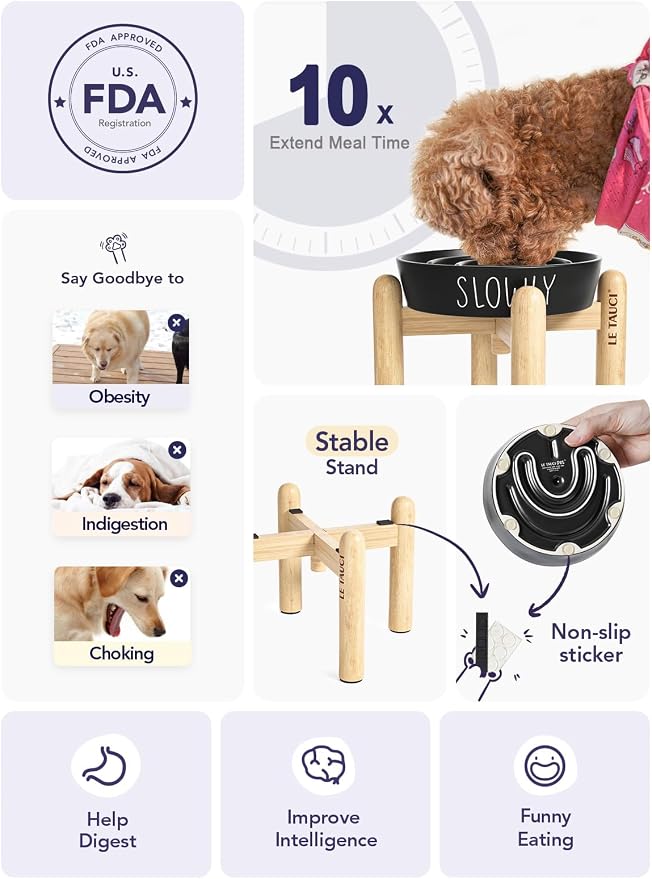 LE TAUCI PET Ceramic Slow Feeder Dog Bowls Elevated, 0.6 Cups Raised Dog Bowl with Wooden Stand for Small Breed to Slow Down Eating, Puzzle Food Bowl,Black
