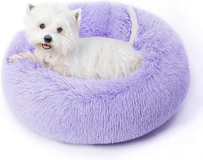 Calming Round Dog Bed & Cat Bed for Indoor Cats, Medium Size Washable Anti-Slip Anti-Anxiety Donut Dog Beds for Small Dogs & Cats, Fluffy Plush Soft Dog Bed(20 Inch, Purple)