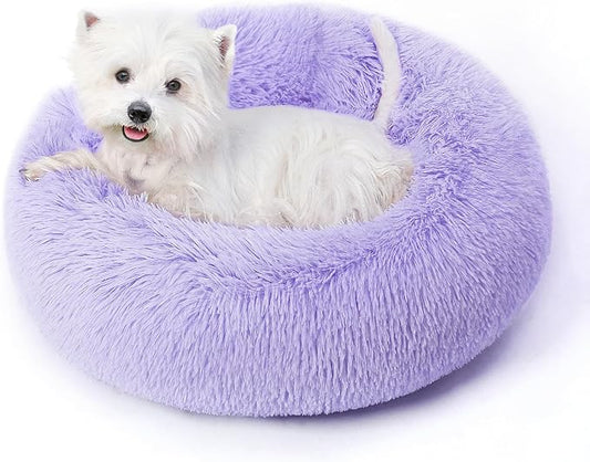 Calming Round Dog Bed & Cat Bed for Indoor Cats, Medium Size Washable Anti-Slip Anti-Anxiety Donut Dog Beds for Small Dogs & Cats, Fluffy Plush Soft Dog Bed(20 Inch, Purple)