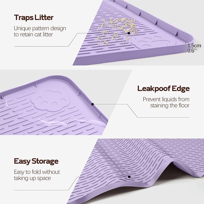 Silicone Cat Litter Mat for Litter Box 50”x35” Large Cat Mat, Purple | Waterproof, Non-Slip, Leak-Proof Rug Mat with Lip, Easy to Clean, Extra Large Litter Catcher Mat for Floor