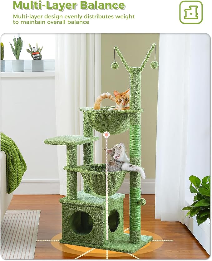 MUTTROS Cactus Cat Tree, 47.6" Cat Tower with 2 Metal Frame Hammock, Cat Scratching Post for Indoor Cats with 2 Removable Pompom Sticks for Kittens, Green