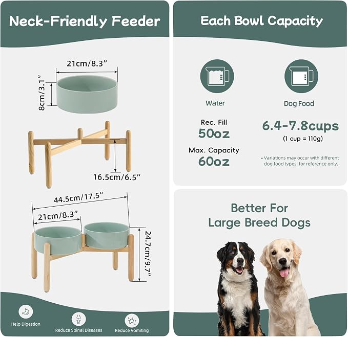Havniva 8.3inch Ceramic Raised Dog Bowl with Stand, Double Dog Bowls Elevated for Large Breed Dog Food and Water Bowl Set Non-Slip Dog Dish Large Capacity Feeding Pet Water Bowl
