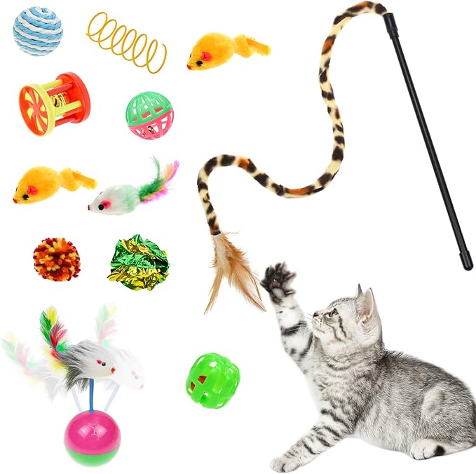 Malier Cat Toys Kitten Toys Set, Collapsible Cat Tunnels for Indoor Cats, Interactive Kitty Toys Cat Feather Toy Fluffy Mouse Crinkle Balls 3 Way Tube Tunnel Toys for Puppy Kitty Kitten