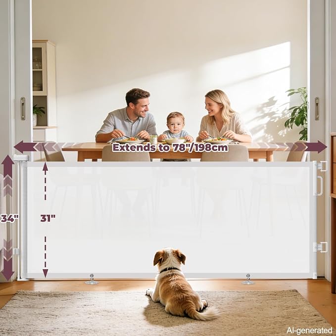 78" Retractable Extra Wide Baby Gates for Doorways, Long Mesh Dog Gate for Large Openings, Indoor Outdoor Pet Gate for Deck Porch Kitchens Hallways, 34" Height, White