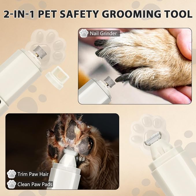 Dog Nail Grinder Quiet, 2-in-1 Paw Pad Trimmer with Light for Pets | 50dB Safe Electric Painless Grooming, 3 Grinding Ports for Paws, Faces, Ears and Body of Small & Medium Cats and Dogs
