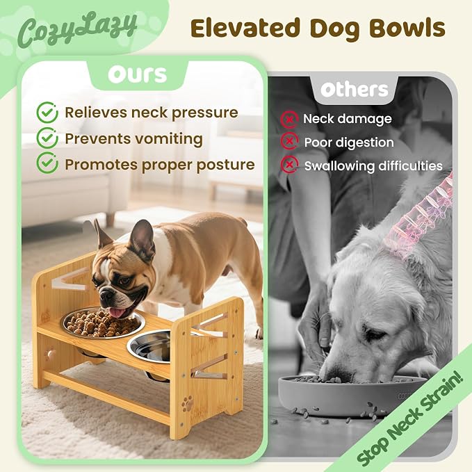 Elevated Dog Bowls, Adjustable Raised Dog Bowl Stand for Medium and Small Dog, 11" High Bamboo Pet Food Feeder with 2 Stainless Steel Dishes（4 Heights）