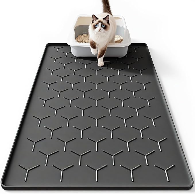 Bulkniu Silicone Cat Litter Mat, 22"x34", Raised Edge Waterproof, Black | Litter Trapping & Recycling, Easy to Clean, Non-Slip, Durable Safe & Odorless, Paw Friendly