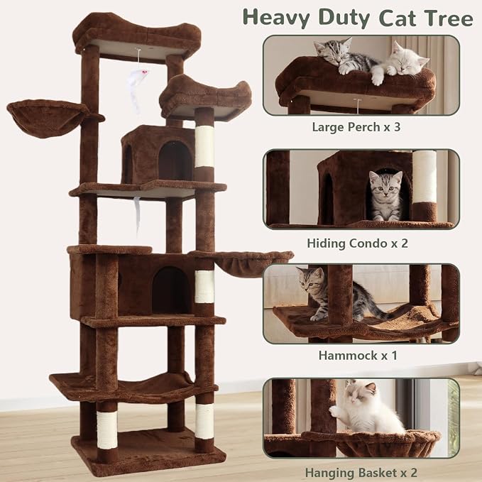 68 Inches Multi-Level Large and Tall Cat Tree Tower for Indoor Cats/Removable Pad/Cat Condo/Sisal Scratching Posts/Hammock/Cat Activity Center/Wide Base
