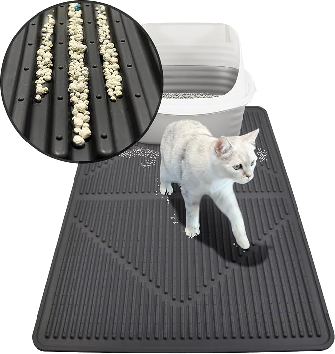 Mofason Rubber Large Cat Litter Mat - Black Silicone Kitty Litter Box Mat | Washable & Waterproof 28"x20" Silicone cat litter mat trapping catcher mat; kitty cat litter box rug catcher mat easy clean