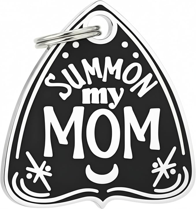Bad Tags Personalized Dog and Cat ID Tags in 25+ Designs and 2 Sizes - 4 Lines of Custom Engraved Text - Funny Cute Personalized Pet Tags (Summon My Mom, X-Large (1.5 inch))