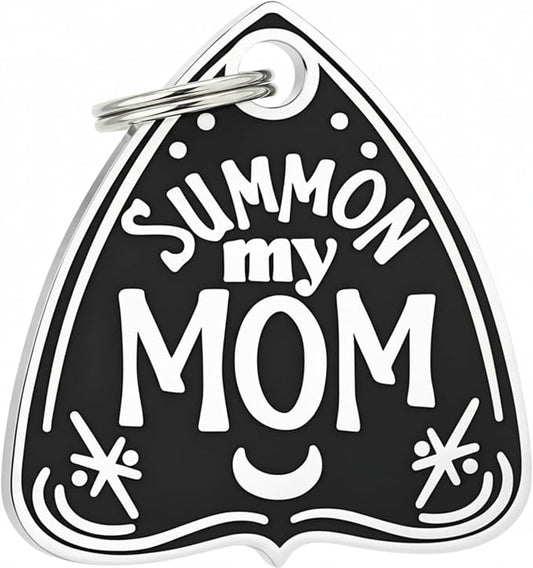 Bad Tags Personalized Dog and Cat ID Tags in 25+ Designs and 2 Sizes - 4 Lines of Custom Engraved Text - Funny Cute Personalized Pet Tags (Summon My Mom, Small (1 inch))