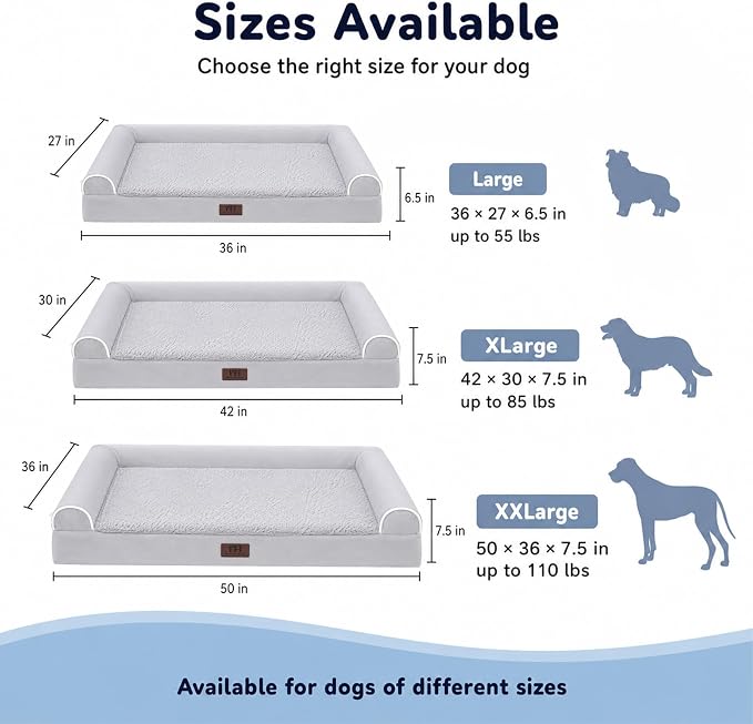 WESTERN HOME Dog Beds Large Sized Dog，Orthopedic Pet Bed for Senior Dogs, Waterproof Pet Beds with Washable Removable Cover, Large Soft Nonskid Bottom Couch, 36in, Grey