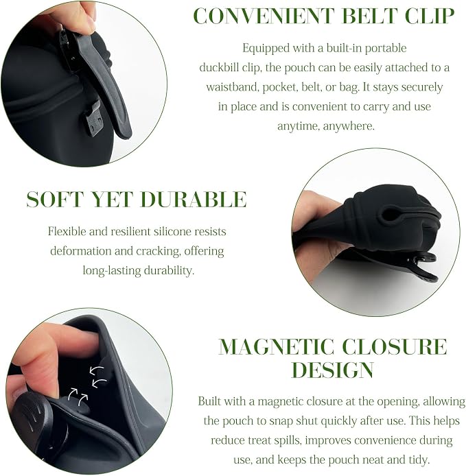 Black Silicone Dog Treat Pouch, Portable Pet Training Snack Bag with Magnetic Closure and Waist Clip for Dog Walking