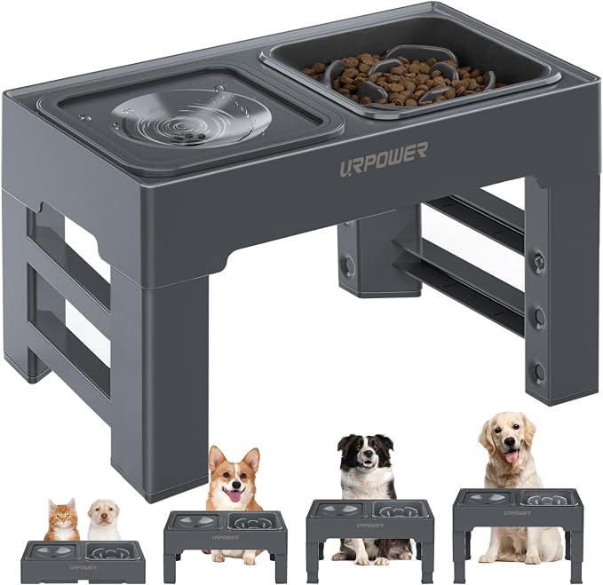 URPOWER 2-in-1 Elevated Slow Feeder Dog Bowls with No-Spill Water Bowl | 4 Height-Adjustable Raised Dog Bowls, Non-Slip Food and Water Bowls with Stand for Small, Medium, Large Dogs, Cats and Pets