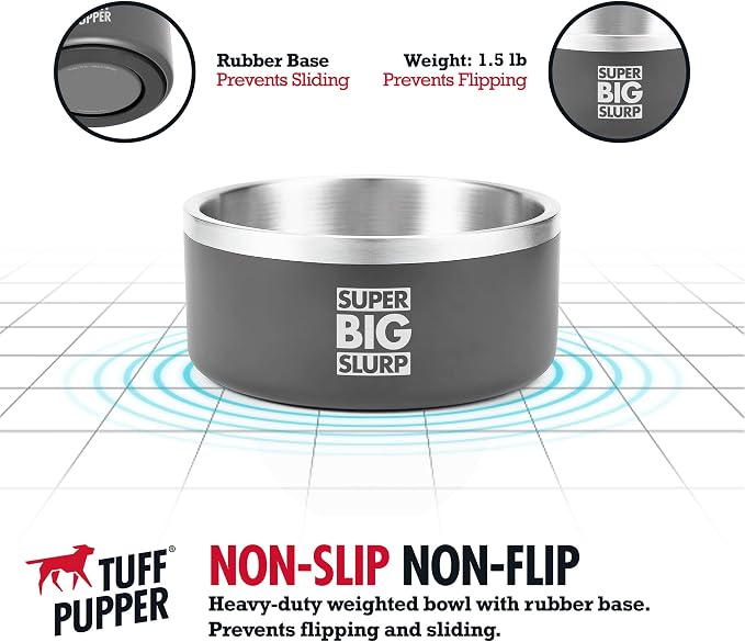Tuff Pupper Heavy Duty Insulated Dog Bowl | Double Wall Stainless Steel Dog Food Dish | Non-Slip Spill Proof Dishwasher Safe Cat Bowl | Water Dish for Feeding Large Medium Small Pets (44oz, Grey)