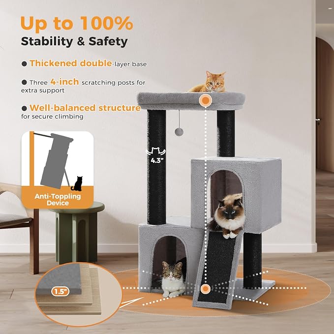 Cat Tree for Indoor Cats Adult, 45-Inch Heavy Duty Cat Tower with Sisal Scratching Ramp, 2 Cat Condo for Extra Large Cats, Big Top Perch, 3 Thick Black Scratching Posts (φ4.3) -Gray