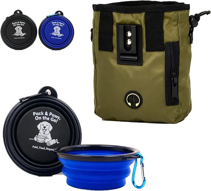 Dog Treat Pouch and Collapsible Bowl Set for Training & Walking - Weatherproof Nylon Treat Bag with Multitasking Storage Pockets, Adjustable Belt & Shoulder Strap Suit for Pet Walking Hiking