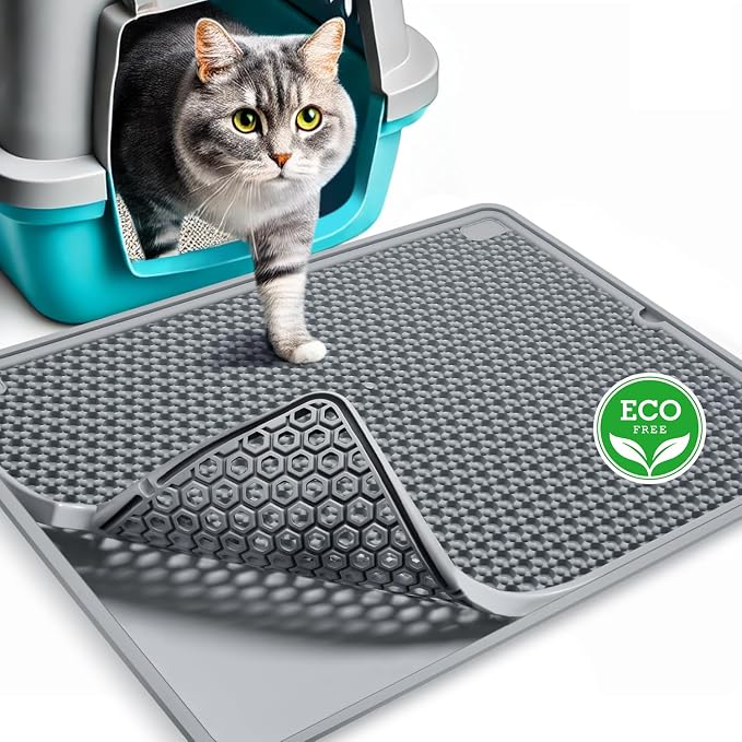 Cat Litter Mat | Litter Box Trapping Mat for Kitty | Waterproof & Anti-Tracking | Easy to Clean | Honeycomb Small Pads | Food Grade Silicone Catcher Mat | for Indoor Floor | Grey 20 * 15 in