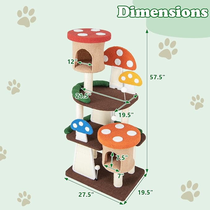 PETSITE Mushroom Cat Tree, 57.5 Inches Tall Multi-Level Cat Tower with Natural Sisal Scratching Posts & Boards, Cat Condo and Teasing Spring Ball, Cute Cat Tree Tower for Indoor Cats Large Adult