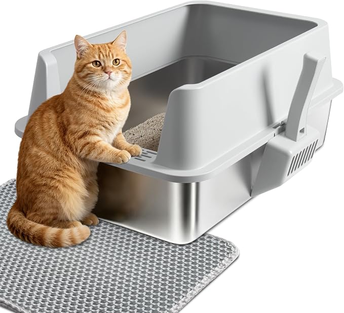 Stainless Steel Litter Box with Lid,XL Metal Cat Litter Box, Large Litterbox for Adult Cat with High Sides,Non-Stick, Odor-Free,Easy to Clean,Include Litter Mat &Scoop