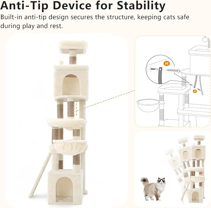 Heybly Cat Tree 72.4-Inch Anti-Tip Cat Tower with Spacious Perches HCT060MJ | All-in-One Cat Furniture for Large Cats, Multiple Interactive Areas, Extra-Large Sisal Scratching Board, Beige