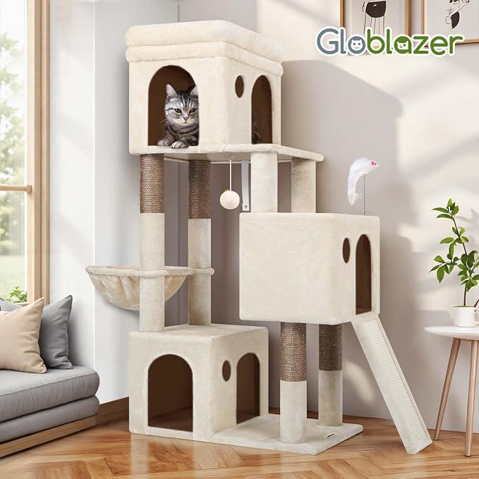 Globlazer Heavy Duty Cat Tree for Indoor Cats Large Adult, F52B, Beige | 3 Condos, Extra-Large Baseboard, Removable Top Perch, 4 Sisal Posts & Board, Hanging Basket, Anti-Topple Strap, Easy Setup
