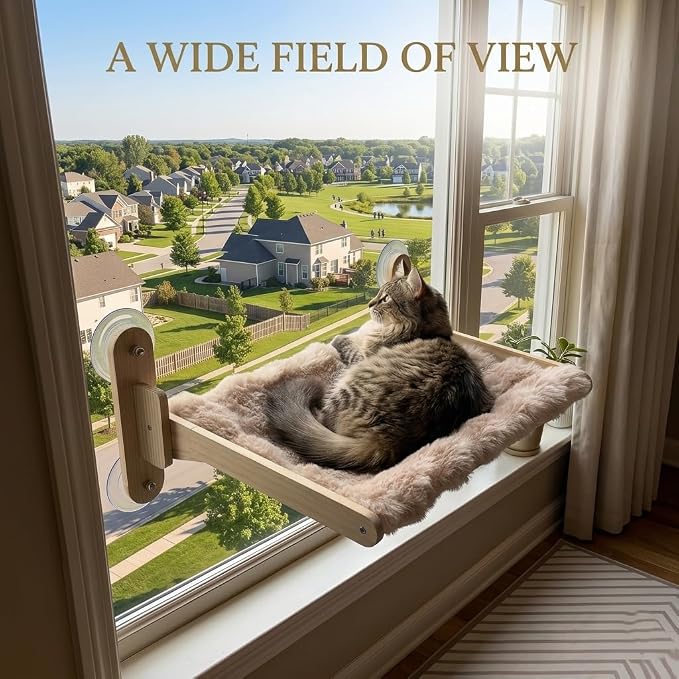 Foldable Window Sill Cat Bed with Cushion and Suction Cups—Features an Orthopedic Hammock Design, Crafted from Premium Hardwood and Equipped with Suction Cups (White, 20X13X9)