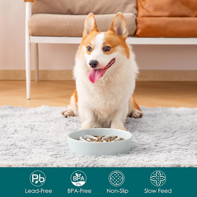 vancasso Ceramic Slow Feeder Dog Bowls, Puzzle Dog Food Bowls with Floral Maze, Anti -Slip Pet Food Dish for Medium Breed, 1.5 Cups, Grayish Cyan