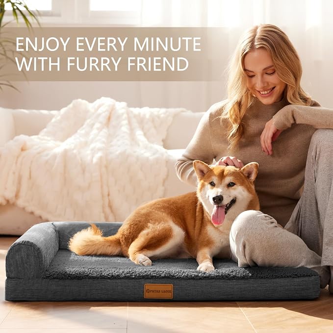 Patas Lague Orthopedic Large Dog Bed Washable Pet Sofa Bed 56X40 Dark Grey | 2-Sided Bolster Egg-Crate Foam Dog Couch Large Sized Dogs, Waterproof Removable Washable Cover, Nonskid Bottom Pet Crate Mat
