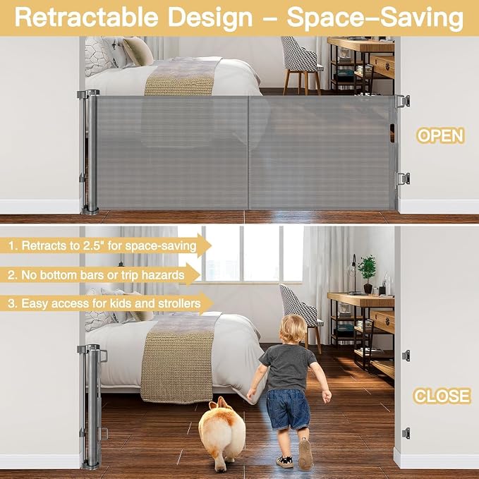 Reinforced 28-Inch Tall Retractable Baby Gates for Doorways, Walk Through Pet Gate for Stairs, Short Baby Gate with Support Rods, 55 Inch Wide Mesh Gate Retractable Gate Small Dog Gate, Gray