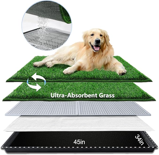 HQ4US 4LEGS Dog Grass Pad with Tray Extra Large 45”×34”, Dog Litter Box with Odor Free Artificial Grass Pee Pads for Dogs Potty Tray with Hemmed Edge, Realistic for Indoor Balcony