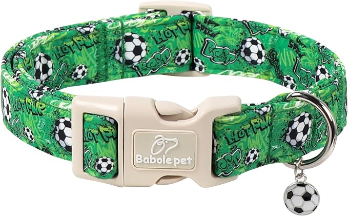 Soccer Dog Collar, Cute Boy Dog Collars for Small Dogs - Green Sports Themed Cotton Male Dogs Collar, Soft Adjustable Daily Pet Collars with Quick Release Buckle S