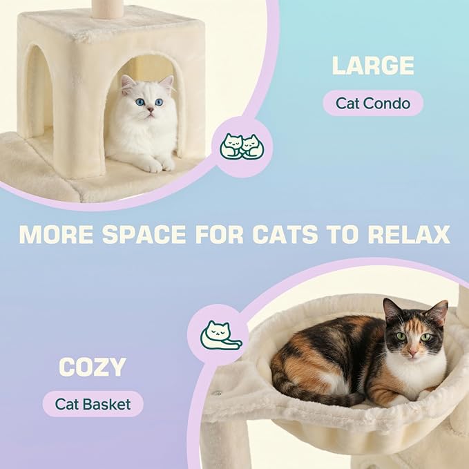 Allewie 29.5in Indoor Cat Tree, Multi-Level Cat Tower with Sisal Scratching Posts, Padded Perch, Basket, Condo, and Hanging Ball, Suitable for Kittens and Adult Felines,Beige