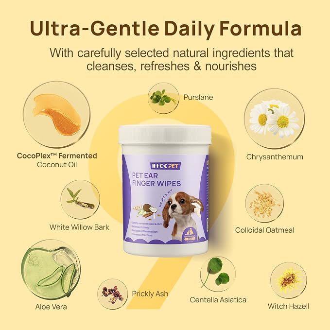 HICC PET Ear Cleaner Finger Wipes for Dogs & Cats, Clean Wax, Dirt & Debris, Extra-Large Pet Ear Cleaning Wipes, Gentle and Hypoallergenic Ear Cleaning Wipes for Daily Care(Coconut Scent)