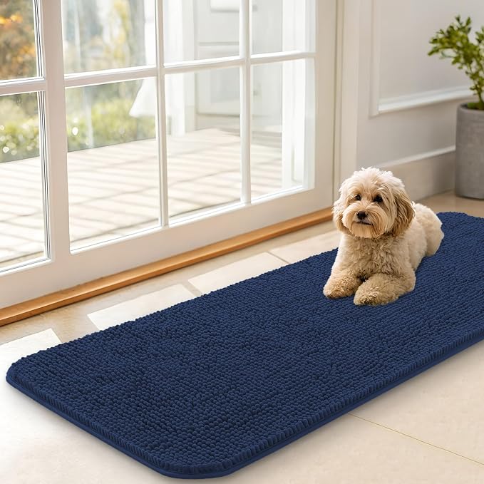 OLANLY Dog Door Mat for Muddy Paws 47x17, Super Absorbent Chenille Mud Mat | Dark Blue, Absorbs Moisture and Dirt, Non-Slip Machine Washable Doormat, Quick-Drying Indoor Entryway Floor Carpet for Dogs