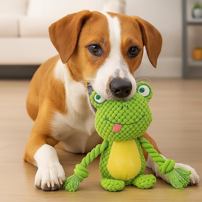 Cotton Rope Squeaky Dog Toy with Crinkle Paper – Interactive Plush Chew Toy for Small & Medium Puppies, Frog Design
