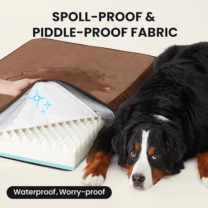 OhGeni Orthopedic Waterproof Dog Bed for Extra Large Dogs, Machine-Washable Removable Cover in Easy-Clean Fabric, Reversible Memory Foam & Easy-Carry Handle, Suitable for Crate, 47 inch (Brown)