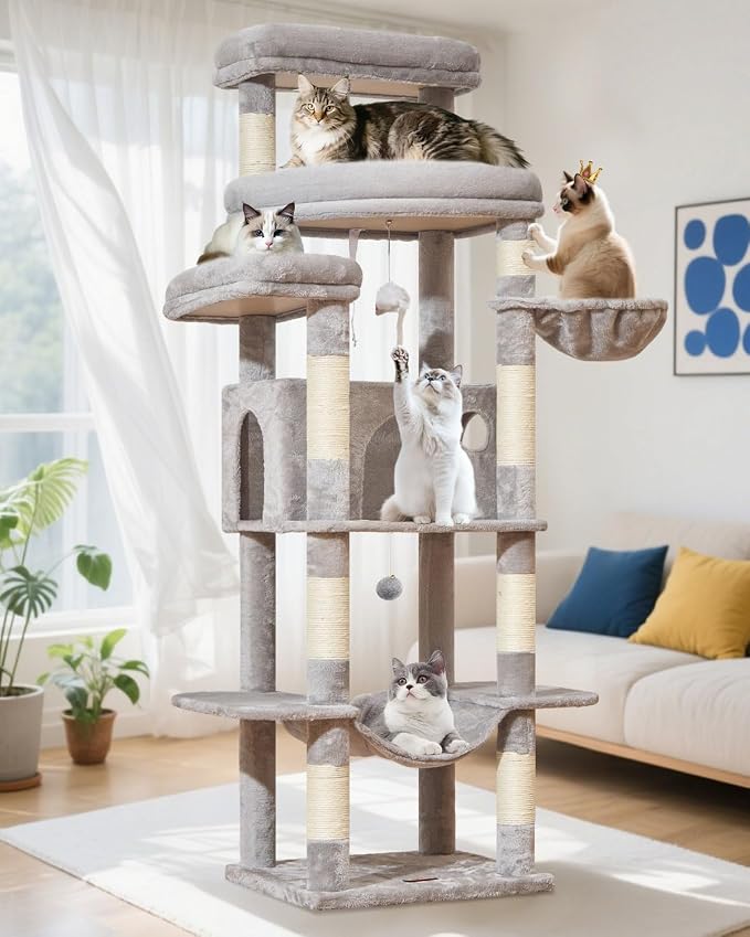 Taoqimiao Heavy-Duty Cat Tree, 71 in Cat Tower for Large Cats 20lbs+ | 3 Giant Multi-Tier Perches, Widened Cat Condo with 9 Scratching Posts, Plush Hammock & Basket, Toys, Light Gray, MS034W