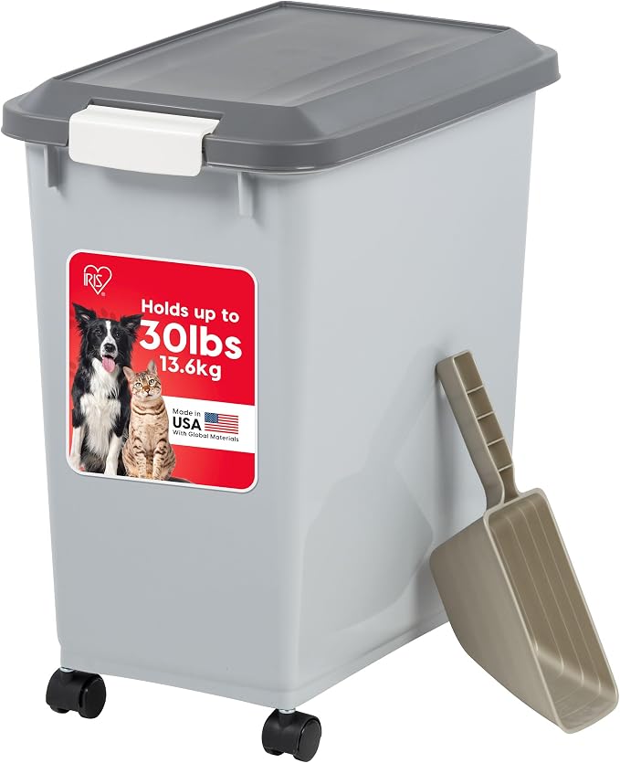 IRIS USA Dog Food Storage Container, Up to 30 lbs, Gray/Dark Gray | Made in the USA, Comes w/ Wheels & 2-Cup Scoop, Airtight Seal, BPA-Free, Kibbles, Bird Seed, Cat food, Cat Litter, Pellets