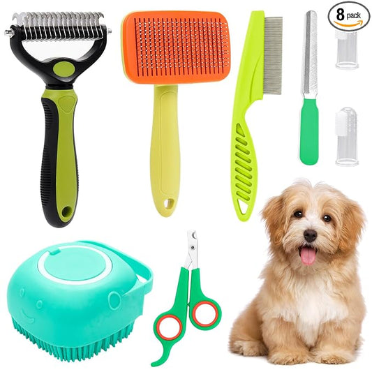 VCZONE 8 Pcs Dog Grooming Kit: Nail Clipper, Flea Comb, Shampoo Brush, Shedding Brush, Dematting Comb, Silicone Toothbrush (Green)