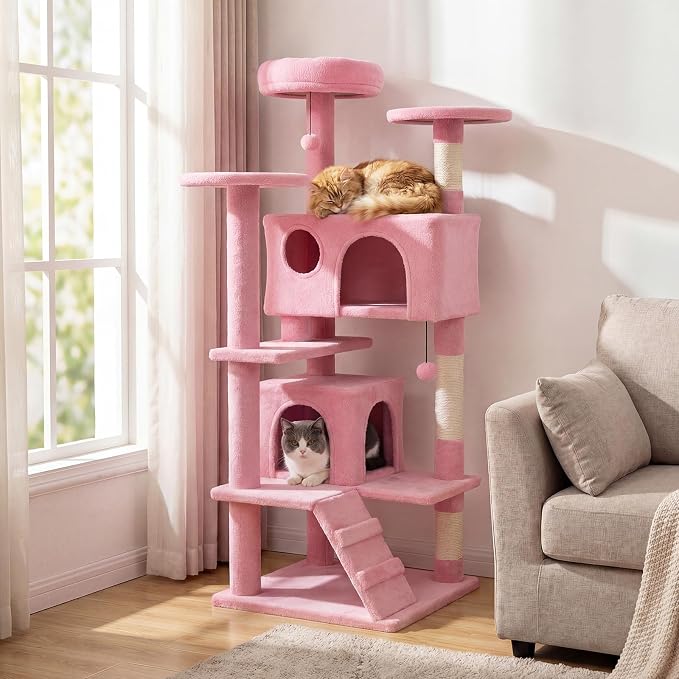 52-inch Cat Tree, Multi-Level Cat Tower with Sisal Scratching Posts, 2 Comfy Condos, Plush Padded Soft Top Perch, Dangling Balls, and Climbing Ladder, Ideal for Indoor Cats (Pink)