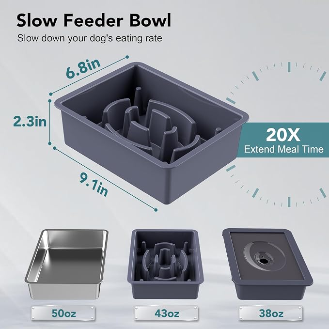 UPSKY 3-in-1 Elevated Dog Bowls Set with 4 Height Adjustable Stand, Blue | 304 Stainless Steel Bowl, No Spill Water Bowl, Slow Food Bowl, Anti-Slip, Dishwasher Safe, Suitable for Small Medium Dogs