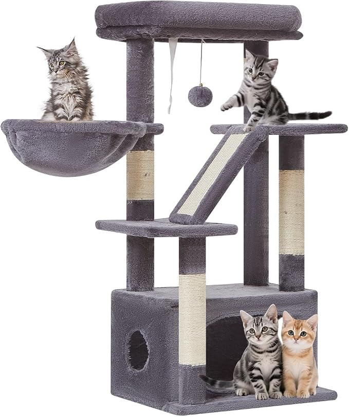 Taoqimiao Cat Tree, 38.5In Cat Tower for Indoor Cats, Suitable for Kittens | Thick Padded Top Perch, Luxurious Cat Condo, Adjustable Basket, 1-Piece Ramp Scratcher, 3 Sisal Posts, Smoky Gray, MS029SG
