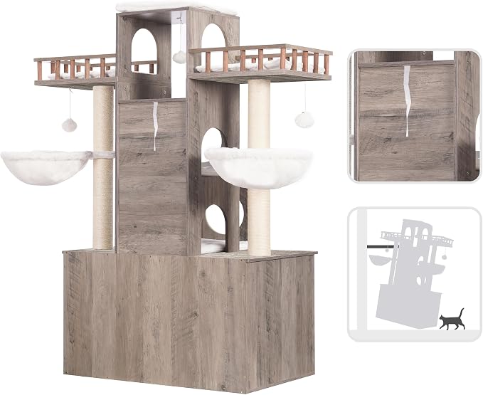 Heybly Cat Tree with Litter Box Enclosure for Indoor Big Cat HCT110SG | Cat Tower for Large Cats 20 lbs Heavy Duty, Modern Cat Condo Furniture with Scratching Posts, Rustic Gray