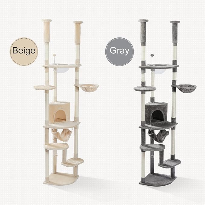 PEQULTI Floor to Ceiling Cat Tree, 92.9-101.6in Adjustable Cat Tower, Beige | Adjustable tower braces floor to ceiling; cozy condo, large hammock, perches & 9 sisal posts on fan base with anti-tip strap
