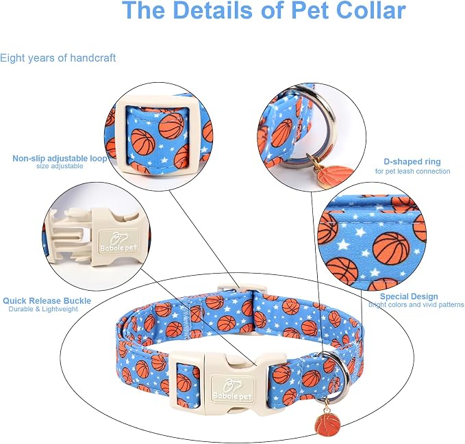 Basketball Dog Collar, Cute Boy Dog Collars for Puppy Small Dogs - Blue Sports Themed Cotton Male Dogs Collar, Soft Adjustable Daily Pet Collars with Quick Release Buckle XS