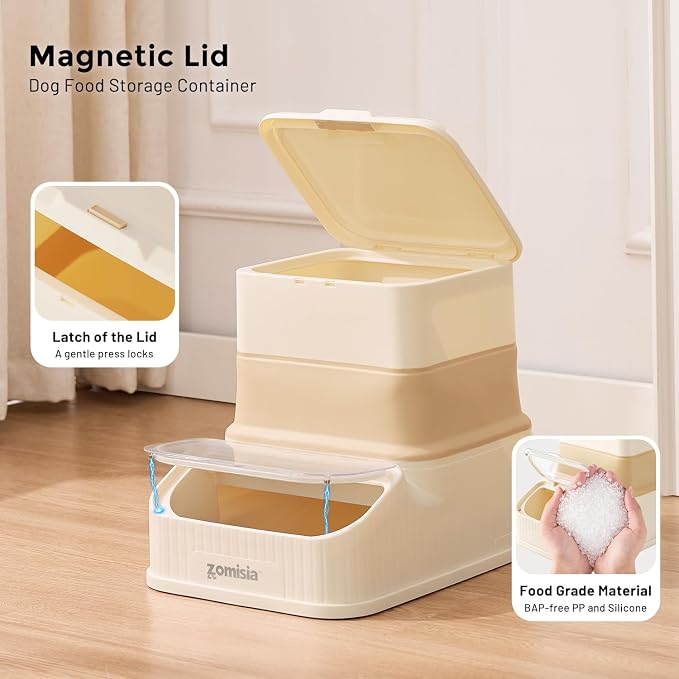 ZOMISIA 20-30lbs First-in, First-out Collapsible Dog Food Storage Container | FIFO System Easy Dispense Base for Freshness, Cat Food Storage Containers with Transparent Lid and Scoop