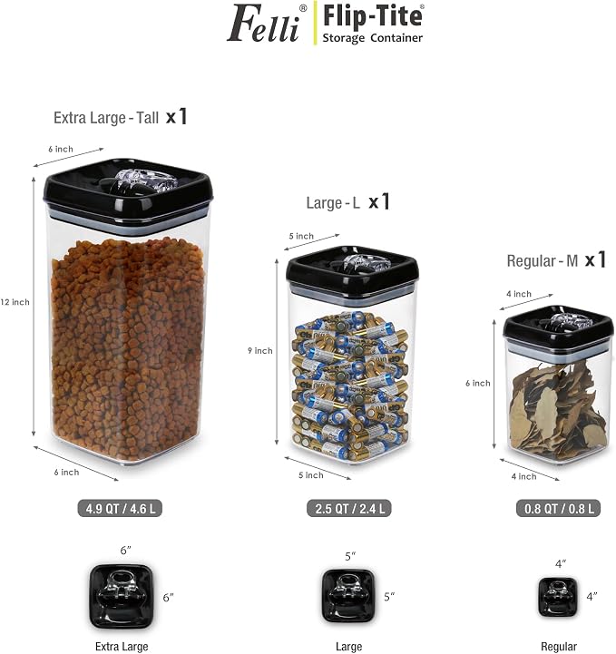 Felli Flip Tite Acrylic Food Storage Container with Lid 6” XL Air Tight Ring Seal Flip Lock, Plastic Kitchen Baking Canister for 5 lb Flour Sugar Rice Protein Powder Pantry Organizer (Nest-L Black)