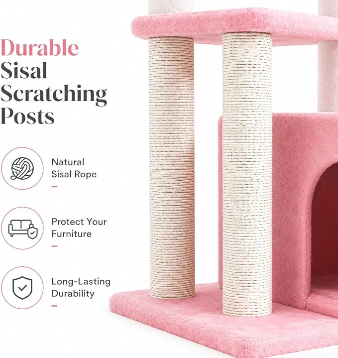 Small Cat Tree Tower for Indoor Cats, 33 Inches Multi-Level Cat Condo with Scratching Posts, Large Perch, Hanging Toy for Large Adult Cats, Pink