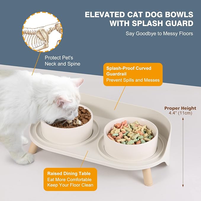 Raised Cat Food and Water Bowl Set - Elevated Ceramic Dishes with Non-Slip Stand and Splash Guard for Small Dogs - 2 x 320 ML (4.9 OZ) - White